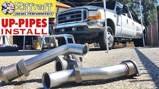 2001 F350 73  RiffRaff UpPipes Install  Stock up pipes leaking and falling apart JUNK SP [upl. by Ekeiram]